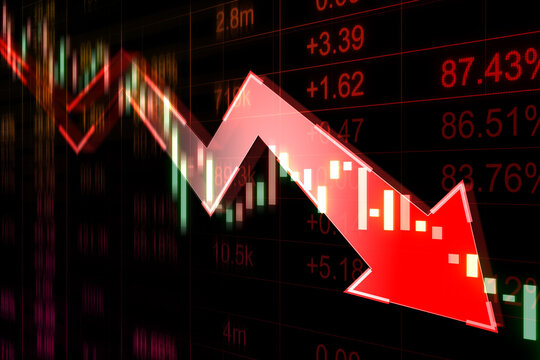 Bearish market and trading concept with perspective view on digital graphic falling red arrow on dark technological background with forex chart indicators. 3D rendering