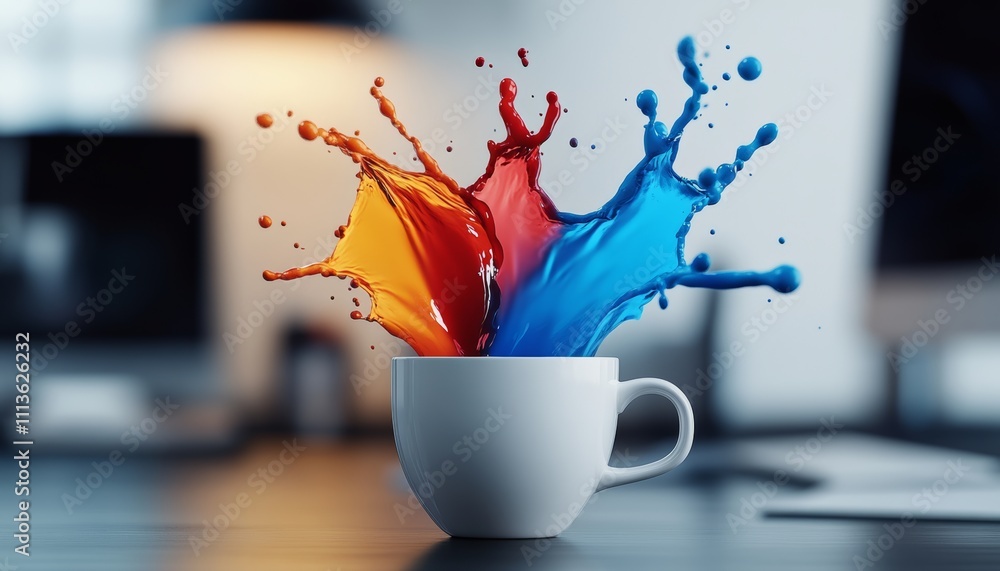 Poster white cup with a splash of red, blue, and yellow paint. the cup is on a table with a computer monito