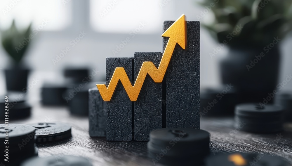 Poster a bar graph with an upward trend and an arrow points to growth, surrounded by decorative plants and 