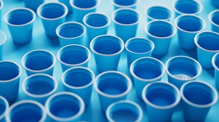 Blue and white image of many cups with the word "cup" on them. The cups are arranged in a pattern and are all the same size