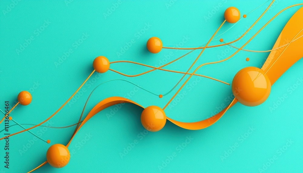 Poster a vibrant design featuring orange spheres and flowing lines against a teal background, creating a dy