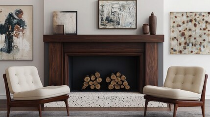 A stylish retro fireplace setup with a dark wood mantle