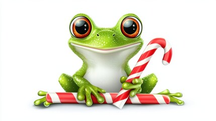 Obraz premium Cute Cartoon Frog Holding Candy Cane on White Background