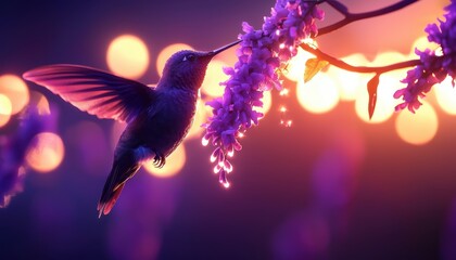 Obraz premium A vibrant hummingbird feeds on purple flowers, surrounded by softly glowing lights, creating a magical, dreamlike atmosphere.