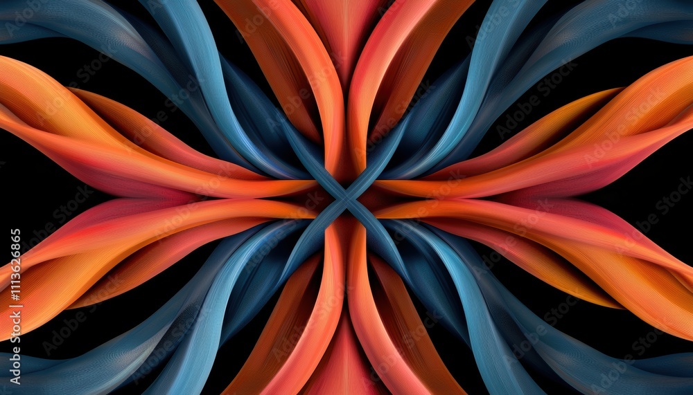Poster an abstract composition featuring intertwining ribbons in vibrant orange and blue hues, creating a d