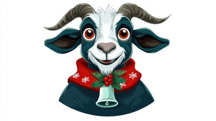 Naklejka premium Adorable Cartoon Goat in Christmas Attire with Holly Scarf and Bell