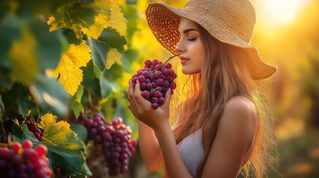 Woman in Vineyard at Sunset, Grapes, Summer, Sun, Hat