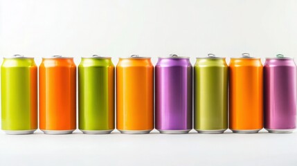 A group of colorful cans in various shades, including orange, green, and purple, placed side by side on a white background.  