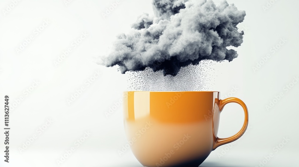 Poster cup of coffee is shown with a cloud of steam coming out of it. the steam is described as 