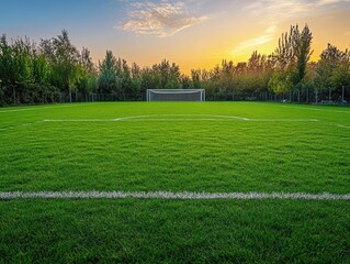 Naklejka premium Quiet Game Waiting Empty Grass Soccer Field Local Park Photo Natural Setting Wide Angle Tranquil Atmosphere