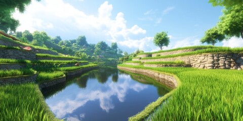 Fototapeta premium Serene Landscape with Lush Green Rice Fields and Tranquil Water Body Reflecting Blue Sky and Fluffy Clouds under Warm Sunlight in a Peaceful Environment