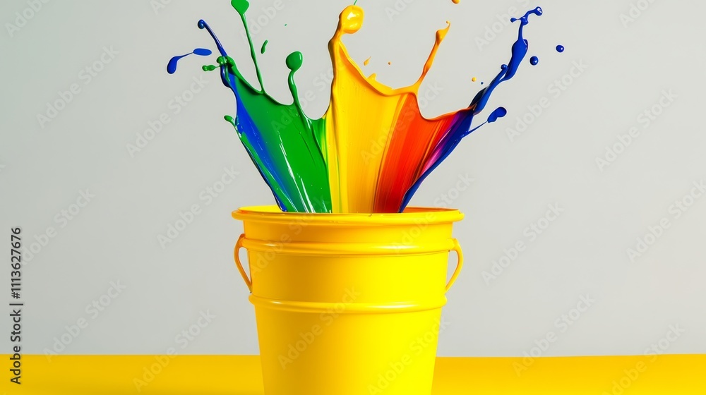 Poster yellow bucket with a rainbow splash of paint on it. the bucket is on a table and the splash of paint