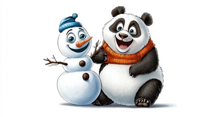 Cute Panda and Snowman Friends Enjoying Winter