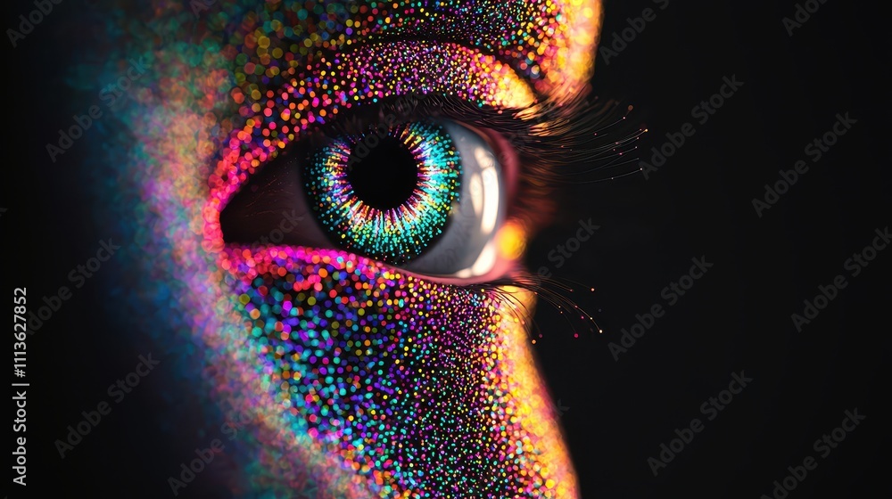 Poster human and futuristic learning concept. a close-up of an eye with vibrant, colorful patterns creating