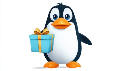 Obraz premium Cute Cartoon Penguin Holding a Festive Gift Box with Ribbon Bow