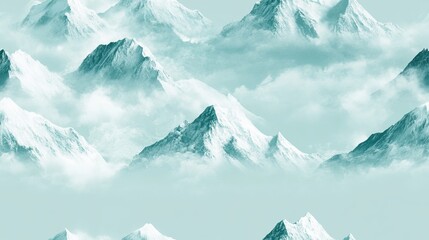 Fototapeta premium Minimalistic illustration of snow capped mountains in a serene turquoise palette symbolizing tranquility and natural beauty