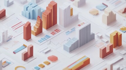A colorful, abstract representation of a cityscape with various geometric buildings and structures, showcasing modern design and data visualization.