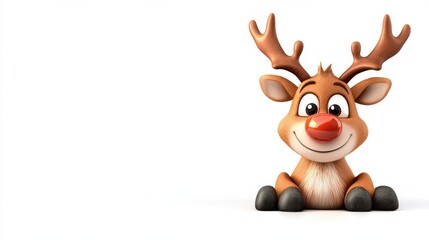 Cartoon Smiling Reindeer with Red Nose and Antlers