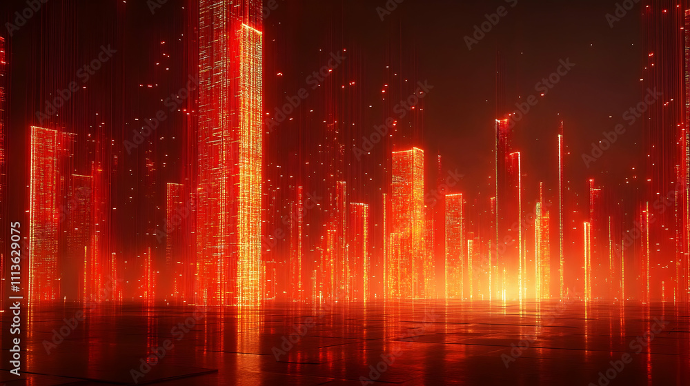Poster abstract digital landscape with glowing vertical structures in shades of red and orange.