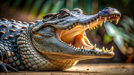 Obraz premium Powerful alligator with open mouth showing sharp teeth, Alligator, crocodile, predator, reptile, dangerous, jaws, teeth