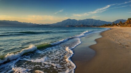 Fototapeta premium Waves gently crash on a tranquil beach at sunset near a mountain range