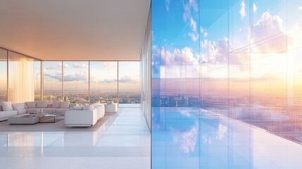 Discover a modern living room transforming from realistic to conceptual wireframe design