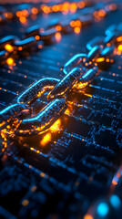 A close-up of a glowing chain against a digital background, symbolizing connectivity and technology.