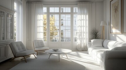 Sunlit Living Room With White Furniture And Sheer Curtains