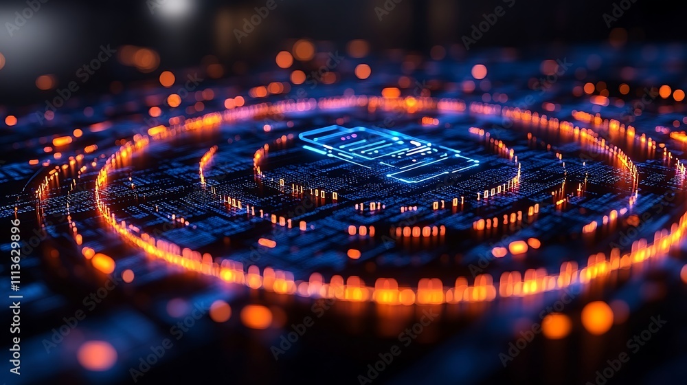 Poster abstract digital phone interface with glowing circuit board.