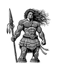 Obraz premium powerful Maori tribe warrior, standing tall, wearing traditional tribal attire made of woven materials
