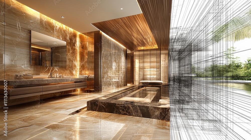 Poster modern spacious bathroom featuring realistic design and transitioning to a 3d sketch