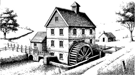 Fototapeta premium traditional watermill in a rural landscape, with a river flowing beneath the house. engraving black and white outline