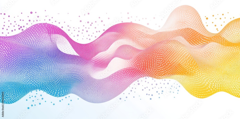 Poster dots flow in a wave pattern, shaping a 3d curve with a halftone black gradient, standing out against