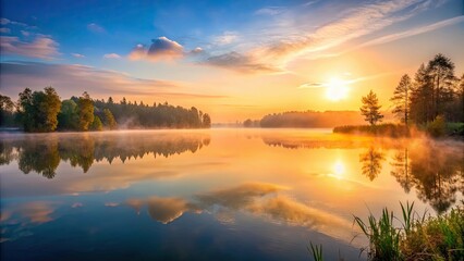 Fototapeta premium Misty morning sunrise over a tranquil lake , mist, morning, sunrise, tranquil, lake, nature, fog, sunlight, reflection