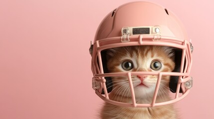 Kitten wearing a pink football helmet. The kitten is looking at the camera with a curious expression