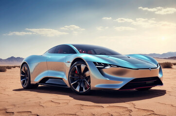 Naklejka premium Futuristic electric sports car parked in a desert landscape under blue sky