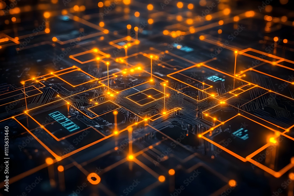 Poster a digital circuit board with glowing connections, representing technology and innovation.