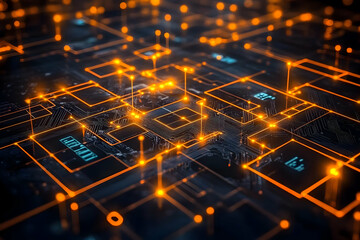 A digital circuit board with glowing connections, representing technology and innovation.