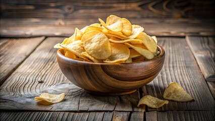 Bowl of potato chips on rustic wooden table , snack, crispy, crunchy, salty, delicious, unhealthy