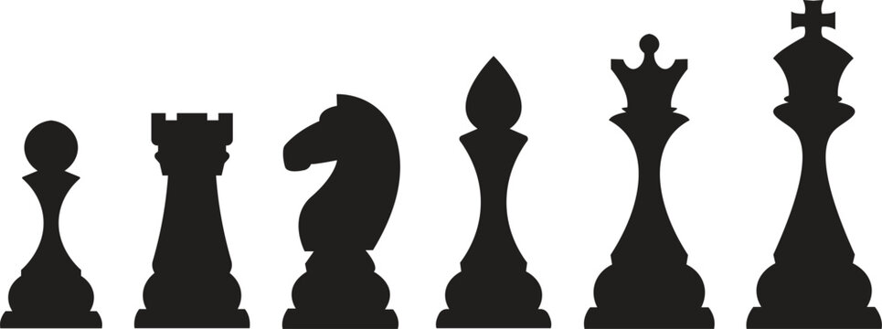 Chess piece flat silhouette icons set. Smart board game elements. Chess icon vector illustration for web design isolated on white background. King, queen, bishop, pawn, horse, knight, rook.