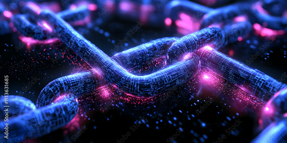 Leinwandbilder A close-up of interconnected digital chains with glowing effects, symbolizing blockchain technology.