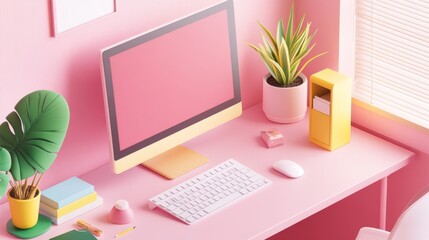 Fototapeta premium A vibrant pink workspace featuring a computer, keyboard, potted plant, and colorful stationery, creating a cheerful and inviting atmosphere.