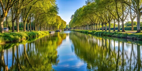 Fototapeta premium Tranquil banks of the Canal du Midi in Toulouse, France, waterway, reflection, trees, nature, serene, peaceful