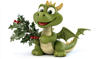 Fototapeta premium Cute Green Dragon with Christmas Holly Sitting and Smiling