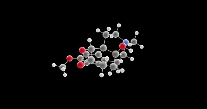Oxycodone molecule, rotating 3D model of semi-synthetic opioid, looped video on a black background