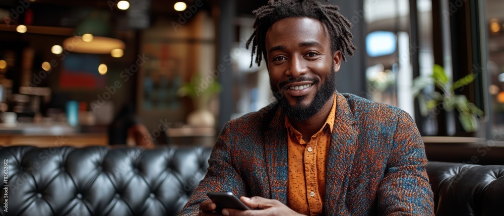 Poster man with dreadlocks is sitting on a black couch and smiling while holding a cell phone. concept of r