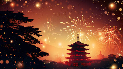 Spectacular fireworks lighting up the sky over a traditional Asian pagoda during Chinese New Year celebration with copy space