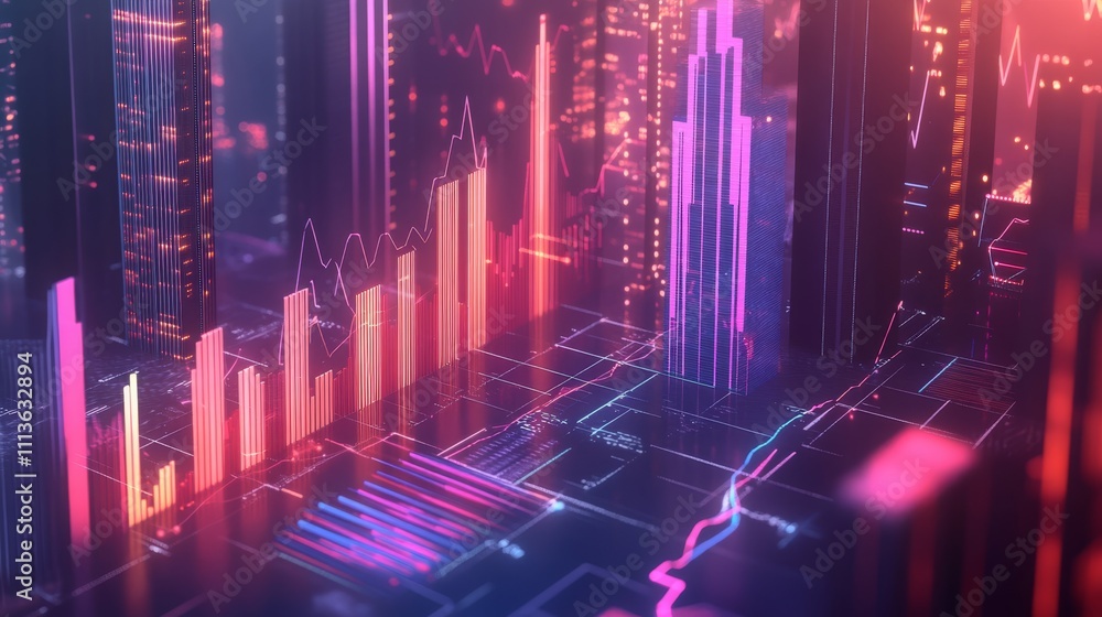 Poster a vibrant digital cityscape featuring glowing bar graphs and network patterns, symbolizing data anal