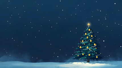 Naklejka premium Decorated Christmas Tree Under Snowy Night Sky