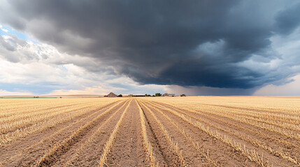 Fototapeta premium A dry, cracked field with withering crops in the foreground, highlighting the devastating impact of drought on agriculture. In the distance, dark storm clouds loom over a small farm, representing the